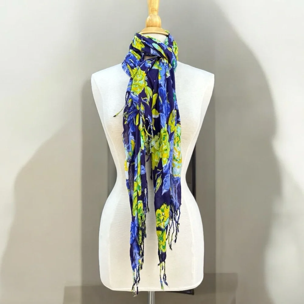 Isaac Mizrahi Blue Yellow Floral Scarf Fringe Wrap Shawl 70x26 OS